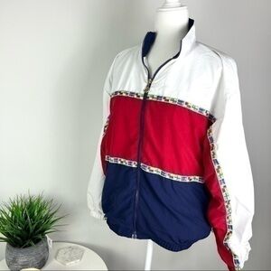 Teddi Womens Jacket White Red Color Block Long Sleeve Zip Up Pockets Mock Neck M